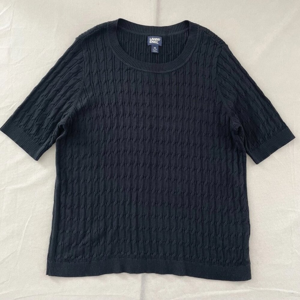 Lands' End Womens Black Short Sleeve Cable Knit Fitted Pullover Sweater Size 1X
